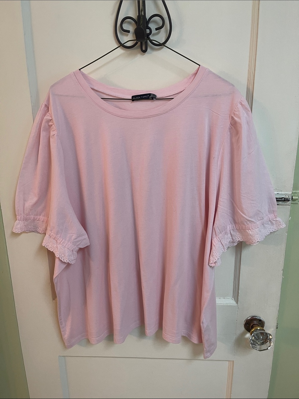 Black Tape_ Plus Size Light Pink Puff Sleeve Tee with Lace Trim